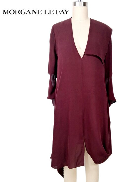 Morgane Le Fay Dresses & Skirts - Morgane Le Fay Burgundy Silk Asymmetric V-Neck Draped Handkerchief Hem Dress M